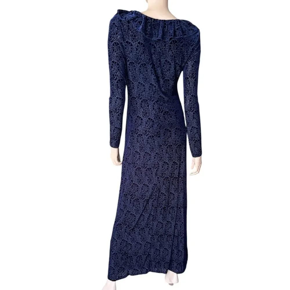 Anthropologie Blue Velvet Ruched Maxi Dress Size Med Ruffle Bodycon Formal - Picture 11 of 15